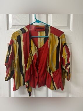 Animale Boho Abstract Print Open Ruffled Front Women’s Blouse Size Medium